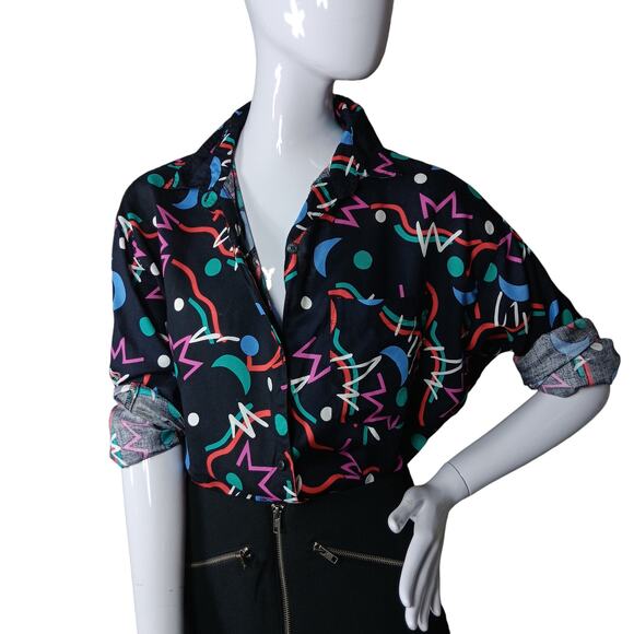 VTG 90's E. TEE Colorful Confetti Print Shirt Size Medium Oversized Long Sleeve - Picture 2 of 9